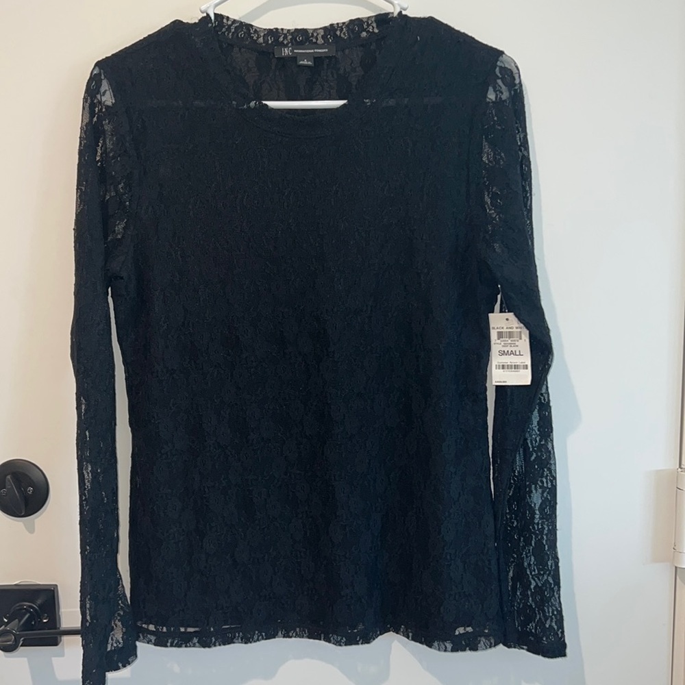 NWT INC International Concepts Small Long Sleeve Sheer Lace Blouse Black